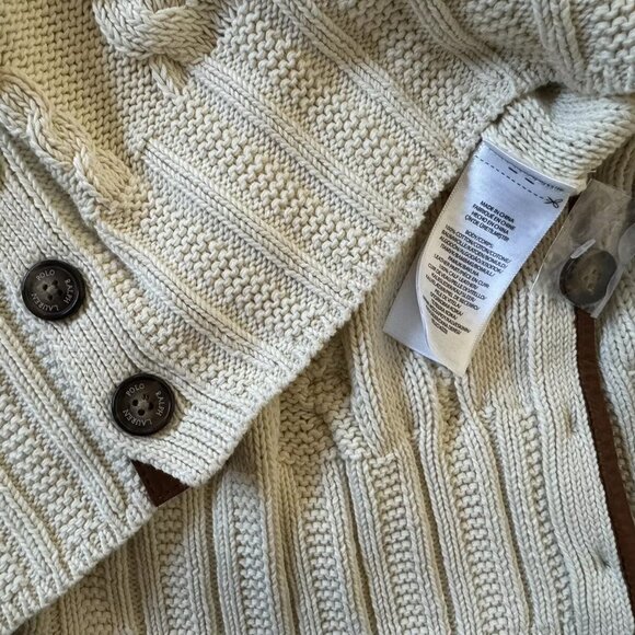 NWT Polo Ralph Lauren Cream 100% Cotton Cable Knit Leather Trim Button Sweater M - Picture 5 of 10